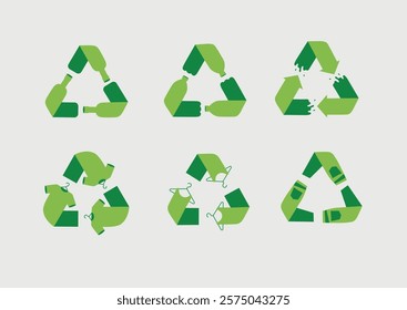Waste, plastic, clothes recycling symbols drawing with green on white background.