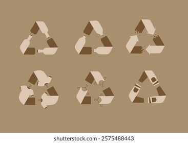 Waste, plastic, clothes recycling symbols drawing with brown on beige background.