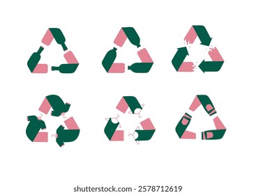 Waste, plastic, clothes recycling symbols drawing with green and pink on white background.