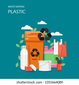 Waste plastic sorting vector flat style design illustration. Orange garbage container with recycle symbol, empty plastic bottles, containers. Ecology and recycle concept for web banner, website page.