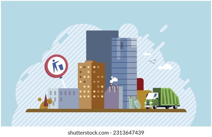 Waste pollution environmental problem concept. Industrial production garbage, emissions from factory. Harm to environment, ecology of planet. Scene pile of waste in polluted city vector illustration