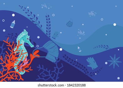 Waste pollution at pandemic, underwater scene with seahorse, face masks, sanitizer and gloves.