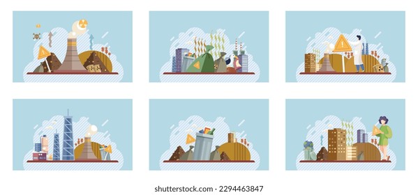 Waste pollution set. Contamination awareness ecological environmental concept flat compositions set with industrial and housekeeping waste. Refuse trash garbage in dirty city. Ecology, nature problem
