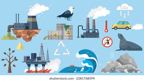 Conjunto de desechos contaminantes. Aire contaminado, desechos radiactivos industriales y conciencia ambiental. Salvemos el planeta y los animales, la ecología sucia. Día de la Tierra. Plantas y fábricas que producen emisiones nocivas