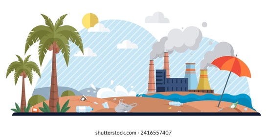 Abfallverschmutzung, Vektorgrafik. Die Klimaschutzpläne müssen Strategien für die Abfallbewirtschaftung umfassen, um die Verschmutzung durch Abfälle zu bewältigen. Die Verschmutzung unserer Ozeane und Wasserstraßen ist erreicht