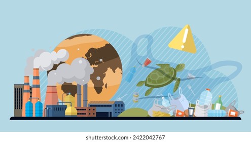 Waste pollution vector illustration. Climate action is necessary to address impact waste pollution on global warming Plastic pollution has become one most challenging environmental issues our time