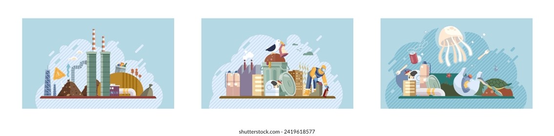 Waste pollution. Vector illustration. Ecology plays vital role in maintaining balanced and healthy environment Environmental conservation is essential for tackling waste pollution and preserving