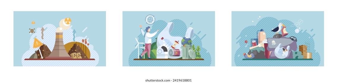 Waste pollution. Vector illustration. Environmental conservation is essential for tackling waste pollution and preserving natural resources Climate change is exacerbated by increasing levels waste