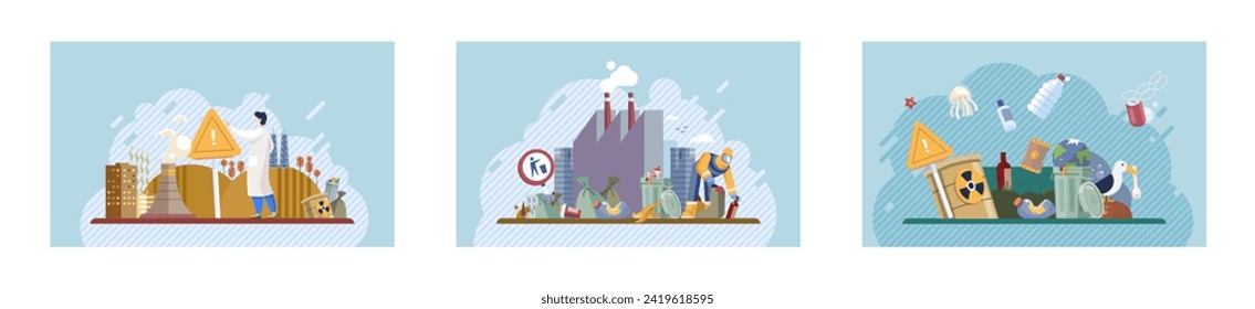 Waste pollution. Vector illustration. Landfills are common method waste disposal, but they can lead to soil and water contamination The waste pollution metaphor highlights destructive impact