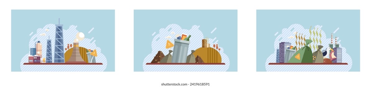 Waste pollution. Vector illustration. Waste management strategies should prioritize ecological sustainability and pollution reduction The contamination water sources due to waste pollution poses risks