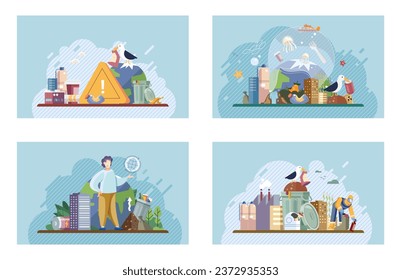 Waste pollution. Vector illustration. Plastic pollution and waste contamination are major concerns for environmental conservation The landfill overflowed with rubbish and garbage, causing pollution