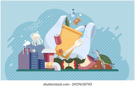 Waste pollution. Vector illustration. The poisoning ecosystems through waste contamination poses severe threat to biodiversity Recycling plays important role in reducing waste and promoting circular