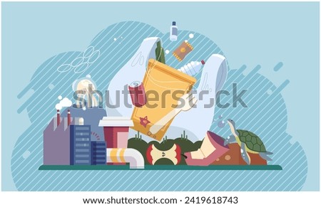 Waste pollution. Vector illustration. The poisoning ecosystems through waste contamination poses severe threat to biodiversity Recycling plays important role in reducing waste and promoting circular
