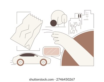 Waste problem isolated cartoon vector illustrations. Woman sitting in a car and throwing garbage on the road, urban lifestyle problem, non recycling, waste issue, social problem vector cartoon.
