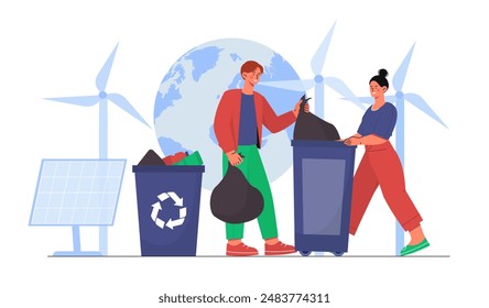 Concepto de procesamiento de residuos. Hombre y mujer con bolsas de basura cerca de un contenedor. Reducción de la Autorización de residuos nocivos a la atmósfera. Reciclaje y reutilización, cero residuos. Ilustración vectorial plana aislada en blanco
