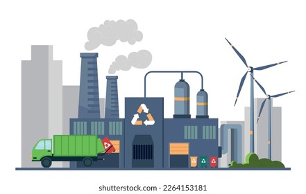 Waste processing concept. Truck brings colorful containers to station. Reuse and reduction of hazardous waste emissions into atmosphere, alternative energy sources. Cartoon flat vector illustration