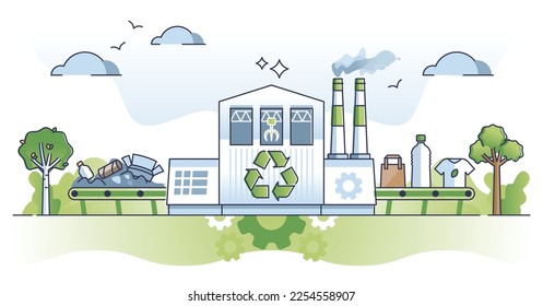 Waste processing facility for trash sorting and recycling outline concept. PET bottles or paper material disposal and handling for ecological pollution reduction vector illustration. Eco segregation.