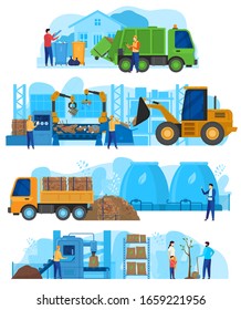 Waste processing factory, garbage recycling industry, vector illustration. People work at garbage sorting station, stages of waste recycling process from trash bin to compost for tree. Ecology concept