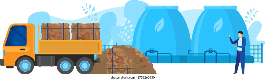 Waste processing factory vector illustration. Cartoon flat truck unloading sorted household garbage for composting tank reservoir with bio gas chimney pipeline. Recycling compost production process