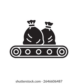 Waste processing line glyph icon showing conveyor belt with trash bags for industrial sorting and recycling vector illustration vector solid glyph icon