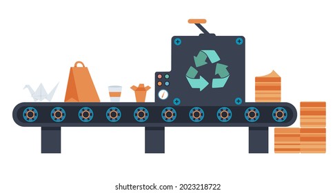 Waste processing machine flat cartoon illustration. Recycling trash banner design. Press conveyor background. 