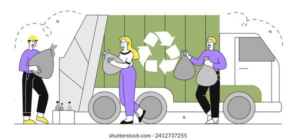 Waste processing people linear. Men and woman with black bags with trash. Recycling and reuse. Caring for nature and environment. Reducing release of hazardous waste. Doodle flat vector illustration