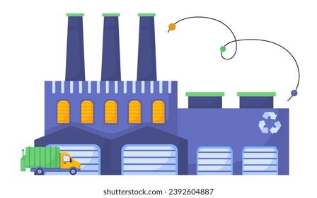 Waste processing plant concept. Production of roducts from trash. Recycling and reuse. Zero waste and sustainable lifestyle. Cartoon flat vector illustration isolated on white background