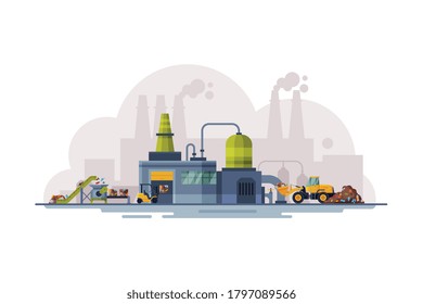 Waste Processing Plant, Garbage Collection, Separation and Recycling Concept Flat Style Vector Illustration on White Background