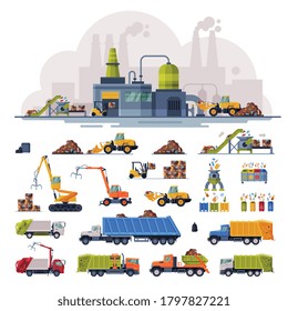 Waste Processing Plant, Industrial Garbage Recycling, Collection of Heavy Machinery Vehicles for Garbage Transportation, Separation and Recycling Flat Vector Illustration