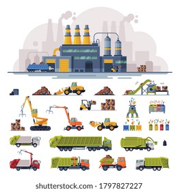 Planta de tratamiento de desechos, reciclado industrial de desechos, vehículos de maquinaria pesada para el transporte de desechos, separación y reciclado de vectores Set Ilustración