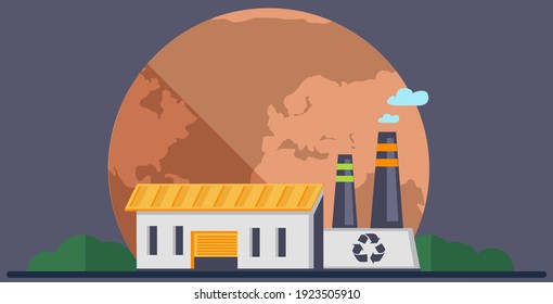 Planta de tratamiento de residuos con el símbolo de reciclado de la ilustración vectorial. Planeta seco, caliente y rojo. Salvar el concepto de cuidado de la Tierra y el medio ambiente. La gente está reciclando basura sin dañar el medio ambiente