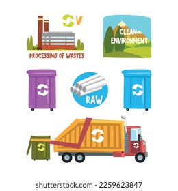 Waste Processing with Recycle Dustbin, Industrial Plant and Dump Truck,Vector Set