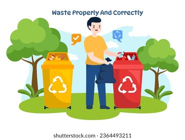 Waste Properly And Correctly Vector Illustration with Demonstration of Correct Garbage Sorting and Proper Disposal in Flat Cartoon Background Design