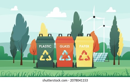 Waste recycle design concept. Ecological solution of environment care problem. Garbage segregation, use alternative power to reduce pollution, save, clean planet Earth nature. Vector illustration