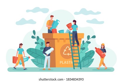 Waste recycle. Eco-friendly people throw out trash in recycling bin. Ecology lifestyle, plastic garbage and zero waste vector. Illustration waste garbage, trash recycling, recycle rubbish and sorting