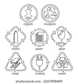 Vector de conjunto de iconos de reciclaje de residuos. Icono de reciclaje, signo o símbolo.