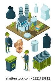 Waste recycle isometric. Refuse garbage facility sort plastic container disposal trash truck vector symbols. Garbage and waste, illustration of trash recycle