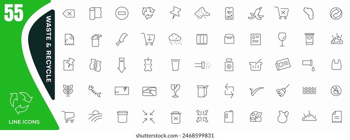Waste and Recycle line icon set. Trash separation, waste sorting with further recycling outline icon collection. Trash, Plastic, Paper, Bottle, Can, Factory, Food, Pollution, recycling icon pack.