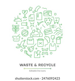 Waste and Recycle line icon set. Trash separation, waste sorting with further recycling outline icon collection. Trash, Plastic, Paper, Bottle, Can, Factory, Food, Pollution, recycling icon pack.