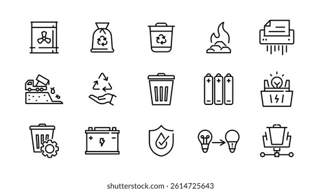 Waste and Recycle line icon set. Trash separation, waste sorting, trash, plastic, paper, bottles, cans, factory, food, pollution, recycling outline icon collection. UI linear icon pack.