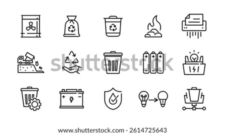 Waste and Recycle line icon set. Trash separation, waste sorting, trash, plastic, paper, bottles, cans, factory, food, pollution, recycling outline icon collection. UI linear icon pack.