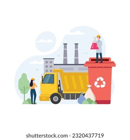 Waste Recycle process with tiny people design concept vector illustration