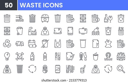 Waste and Recycle vector line icon set. Contains linear outline icons like Trash, Plastic, Paper, Bottle, Can, Dumpster, Factory, Truck, Food, Garbage, Pollution, Glass. Editable use and stroke.