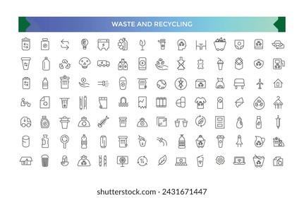 Conjunto de iconos de línea vectorial de Residuos y Reciclaje. Contiene iconos de contorno lineal relacionados con la clasificación de residuos y el reciclaje. Colección de iconos lineales.
