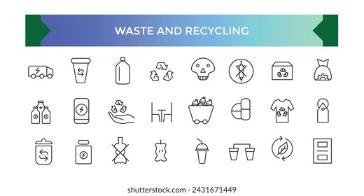 Waste and Recycle vector line icon set. Contains linear outline icons related to waste sorting, recycling. Linear icon collection.