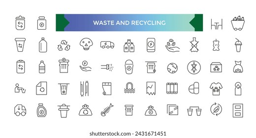 Waste and Recycle vector line icon set. Contains linear outline icons related to waste sorting, recycling. Linear icon collection.