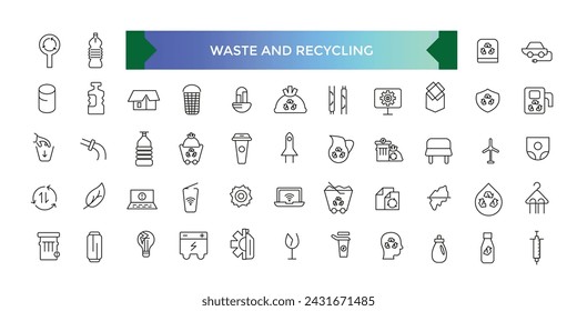 Conjunto de iconos de línea vectorial de Residuos y Reciclaje. Contiene iconos de contorno lineal relacionados con la clasificación de residuos y el reciclaje. Colección de iconos lineales.