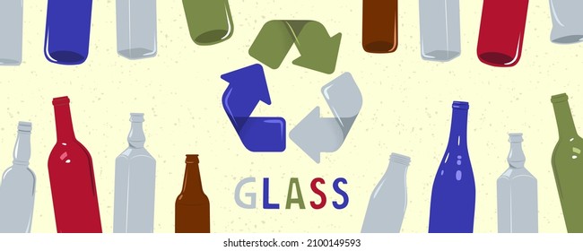 Waste recycling. Banner with glass bottles. Eco-friendly environment. Doodle vector illustration. 