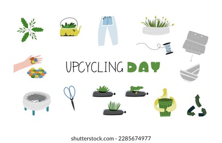 Waste recycling banner with ideas of garbage recycle. Set of objects for stickers, icons, illustrations on web or print.