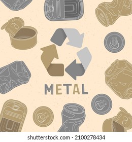 Waste recycling. Banner with metal and tin cans. Eco-friendly environment. Doodle vector illustration. 